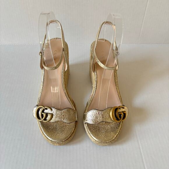 Gucci Aitana GG Marmont Espadrille Platform Wedge Heel Sandals Gold Size EU 37.5 - Picture 2 of 13